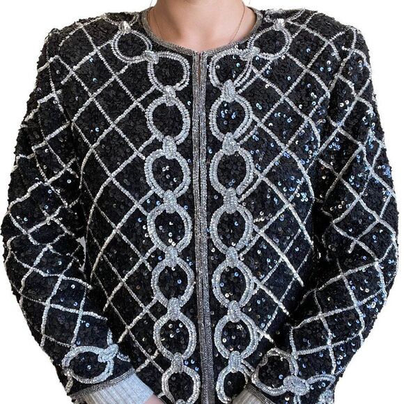 Vintage Womens 80s Silver Black Sequin Sparkly Geometric Silk Embroidered Blouse - Picture 1 of 8